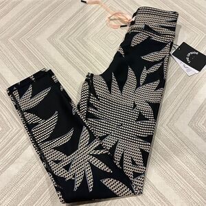 The Upside Women’s Black Palm Design Midi Leggings with Tie Waist
